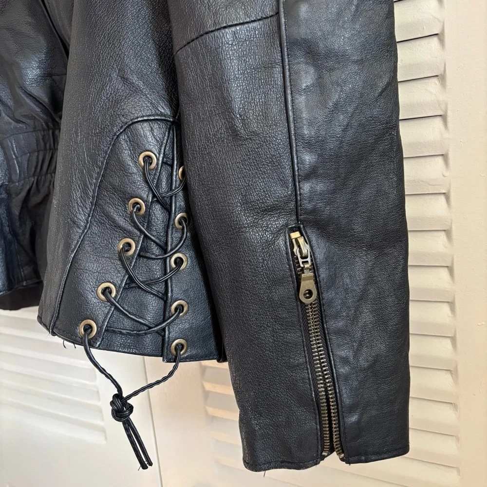 Vintage Leather Jacket Biker Black Braided Motorcycle Women’s Size M Crop Corset